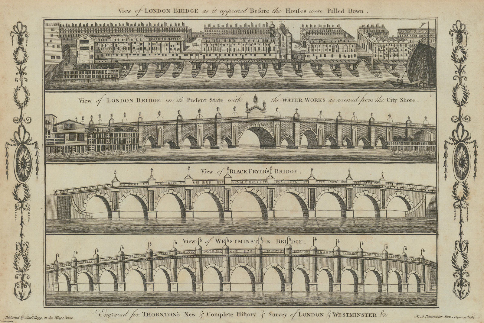 Old London Bridge with & without houses. Westminster & Blackfriars Bridges 1784